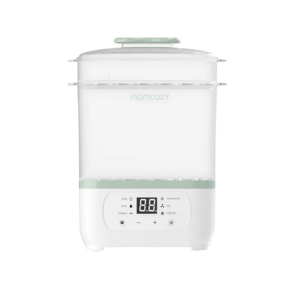 Esterilizador Elétrico com Secagem Momcozy multifunções para biberões, com esterilização a vapor, secagem com ar quente e conservação higiénica até 24 horas.