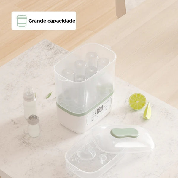 Esterilizador Elétrico com Secagem Momcozy multifunções para biberões, com esterilização a vapor, secagem com ar quente e conservação higiénica até 24 horas.