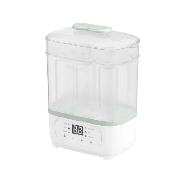Esterilizador Elétrico com Secagem Momcozy multifunções para biberões, com esterilização a vapor, secagem com ar quente e conservação higiénica até 24 horas.
