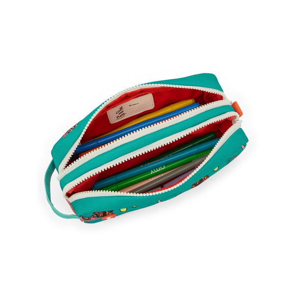 Estojo Duplo Hello Hossy em poliéster reciclado, com dois compartimentos independentes, tecido impermeável, fechos resistentes e capacidade de 1,4 litros para material escolar. Disco Roar