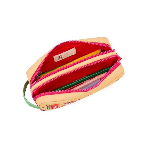 Estojo Duplo Hello Hossy em poliéster reciclado, com dois compartimentos independentes, tecido impermeável, fechos resistentes e capacidade de 1,4 litros para material escolar. Unicorn