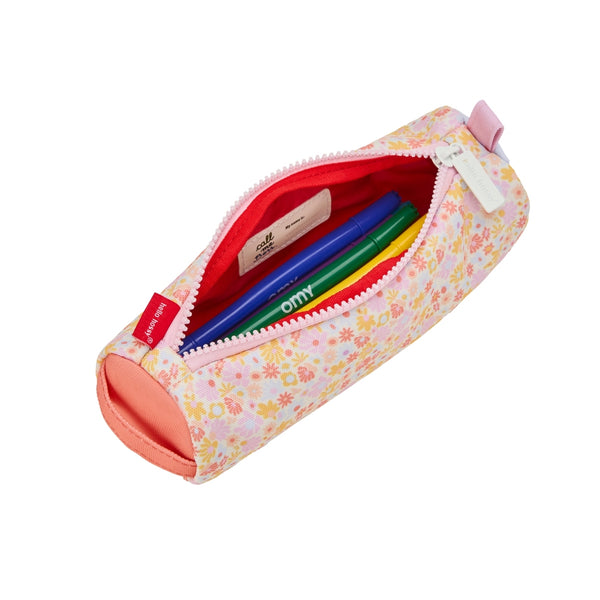 Estojo Individual Hello Hossy em poliéster reciclado, impermeável, com compartimento único espaçoso, fecho resistente e design moderno para material escolar cor retro flowers