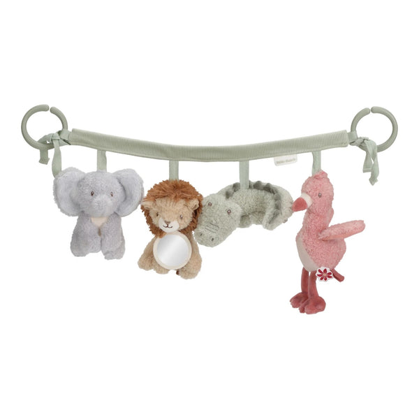 Grinalda para bebé para colocar na cadeirinha, com formato leve e compacto para acompanhar os passeios e entreter o bebé. Safari Friends