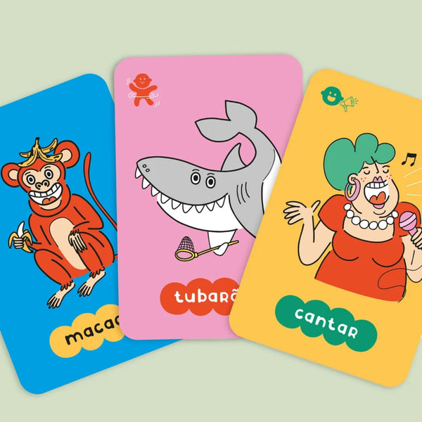 Vamos Jogar à Mímica The Happy Gang com 50 cartas ilustradas, jogo infantil de imitação e expressão corporal para crianças a partir dos 3 anos.