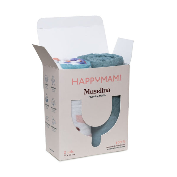 Pack de 2 fraldas de algodão 100% 60x60 cm para bebé, suaves, absorventes e respiráveis, ideais para alimentação, higiene e utilização diária menta