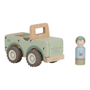 Jipe Safari com Condutor Safari Friends em madeira, com rodas funcionais e figura de explorador, brinquedo infantil para estimular a imaginação e a coordenação motora.