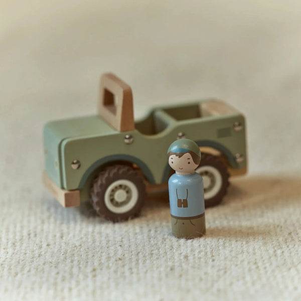 Jipe Safari com Condutor Safari Friends em madeira, com rodas funcionais e figura de explorador, brinquedo infantil para estimular a imaginação e a coordenação motora.