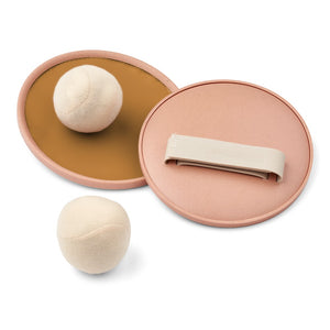 Jogo de apanhar com duas raquetes autofixantes, alças ajustáveis em silicone e bola, ideal para brincar na praia, jardim ou parque.