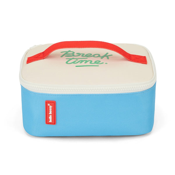 Lancheira Grande Hello Hossy com interior isotérmico, tecido impermeável, bolso interior e exterior, pega de transporte e capacidade de 3 litros em poliéster reciclado. Mini Sky Pop