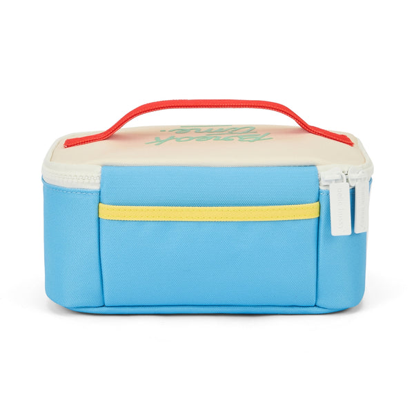 Lancheira Grande Hello Hossy com interior isotérmico, tecido impermeável, bolso interior e exterior, pega de transporte e capacidade de 3 litros em poliéster reciclado. Mini Sky Pop