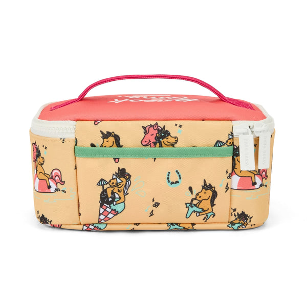 Lancheira Grande Hello Hossy com interior isotérmico, tecido impermeável, bolso interior e exterior, pega de transporte e capacidade de 3 litros em poliéster reciclado. Unicorn