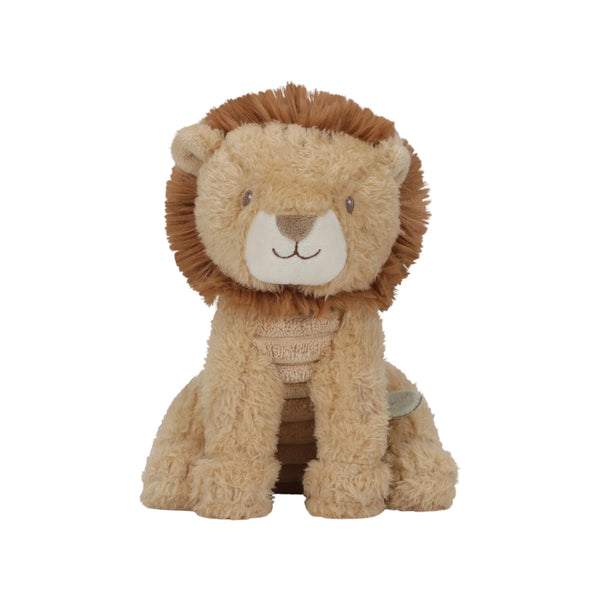 Peluche Leão Safari Friends de 17 cm em poliéster macio, com juba, detalhes bordados e elementos decorativos inspirados na natureza.