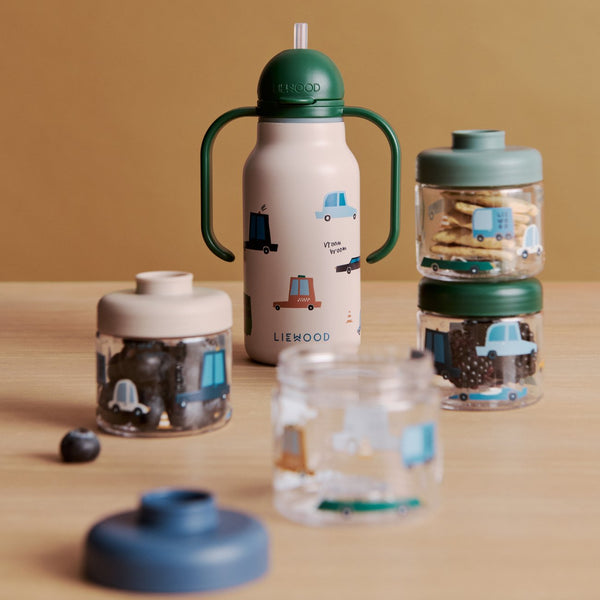 Conjunto de 4 Marmitas Empilháveis DOMINIQUE 100 ml em Tritan, ideais para preparar, congelar e transportar purés, papas e snacks do bebé. Cars