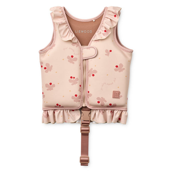 Colete de natação infantil com folhos em neoprene de secagem rápida, com fecho frontal e fita de segurança entre as pernas para aprendizagem da natação Apple Blossom