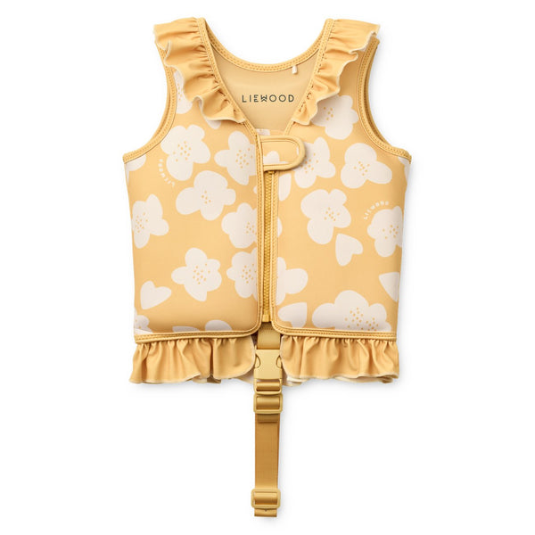 Colete de natação infantil com folhos em neoprene de secagem rápida, com fecho frontal e fita de segurança entre as pernas para aprendizagem da natação Lemon Yellow