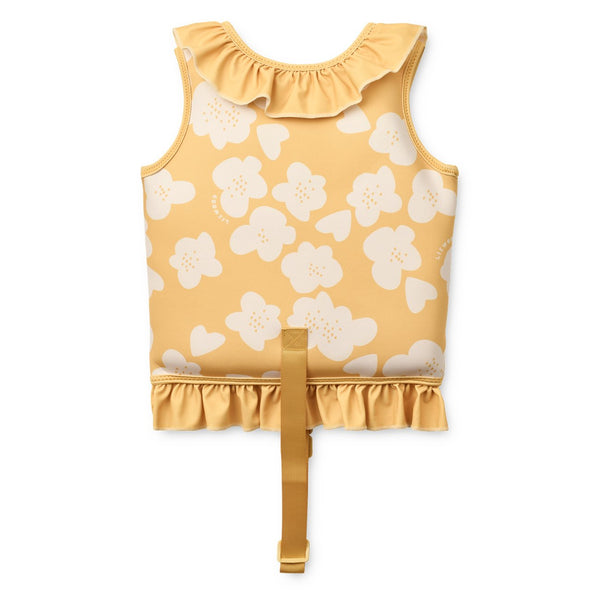 Colete de natação infantil com folhos em neoprene de secagem rápida, com fecho frontal e fita de segurança entre as pernas para aprendizagem da natação Lemon Yellow