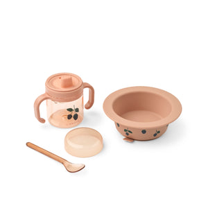 Conjunto de refeição infantil Liewood com taça de silicone com ventosa, copo com bico e duas pegas e colher em Tritan.
Berry Pale Tuscay