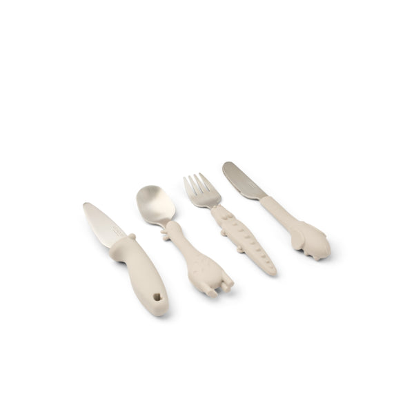 Conjunto de talheres infantis em aço inoxidável com pegas de silicone, composto por garfo, colher e duas facas com detalhes de animais.