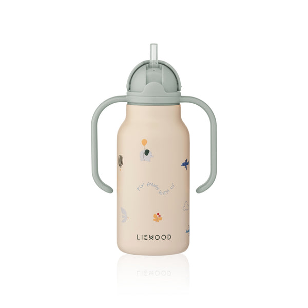Garrafa térmica infantil Falk de 250 ml em aço inoxidável, com pegas laterais e tampa com palhinha, para bebidas frias ou quentes.