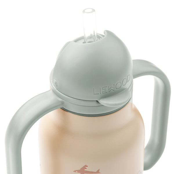 Garrafa térmica infantil Falk de 250 ml em aço inoxidável, com pegas laterais e tampa com palhinha, para bebidas frias ou quentes.
