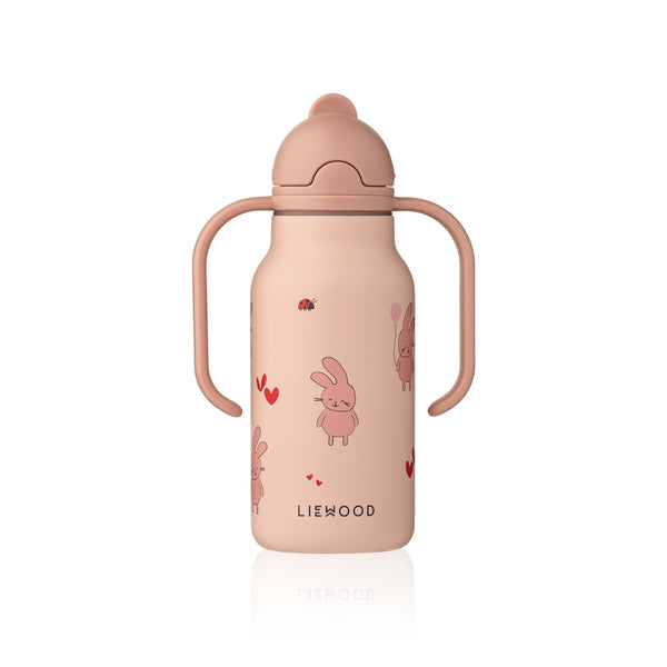 Garrafa térmica infantil Falk de 250 ml em aço inoxidável, com pegas laterais e tampa com palhinha, para bebidas frias ou quentes.
