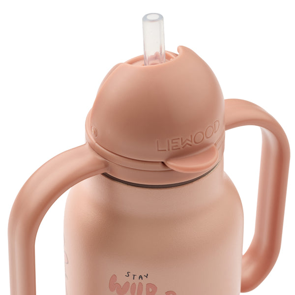 Garrafa térmica infantil Falk de 250 ml em aço inoxidável, com pegas laterais e tampa com palhinha, para bebidas frias ou quentes.