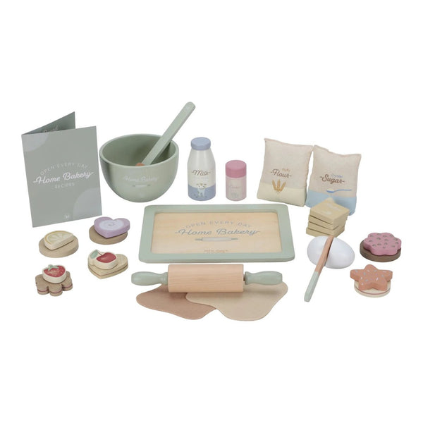 Conjunto de Pasteleiro em madeira com ingredientes, utensílios e bolachas para decorar, ideal para estimular a criatividade e o jogo simbólico das crianças.