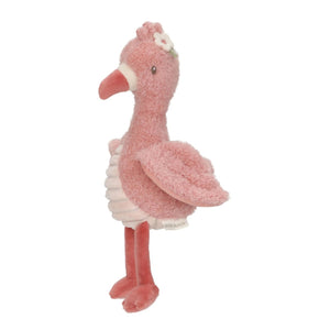 Peluche Flamingo 35 cm em tecido macio com diferentes texturas e flor interativa, ideal para estimular os sentidos e proporcionar conforto ao bebé.