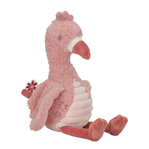 Peluche Flamingo 35 cm em tecido macio com diferentes texturas e flor interativa, ideal para estimular os sentidos e proporcionar conforto ao bebé.