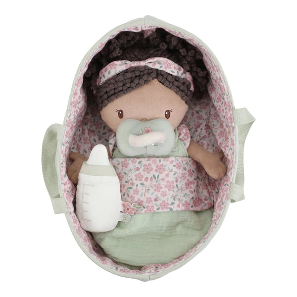 Boneca Bebé Evi com alcofa floral Little Dutch, incluindo manta, saco de dormir, body, fralda, chupeta e biberão magnéticos para brincadeiras de faz de conta.