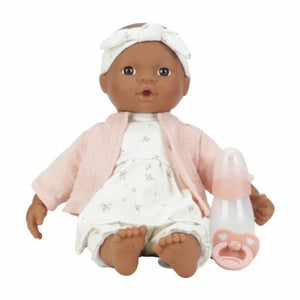 Boneca Noa 36 cm com corpo macio, conjunto de roupa, chupeta e biberão, indicada como primeira boneca para crianças a partir dos 18 meses.