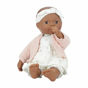Boneca Noa 36 cm com corpo macio, conjunto de roupa, chupeta e biberão, indicada como primeira boneca para crianças a partir dos 18 meses.