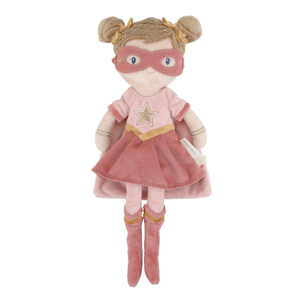 Boneca Super-Heroína Rosa de 35 cm em poliéster macio, com máscara, capa e detalhes dourados, recomendada a partir dos 12 meses.