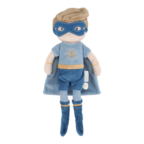 Boneco Super-Herói Jim de 35 cm em poliéster macio, com máscara, capa e estrela dourada, recomendado a partir dos 12 meses.
