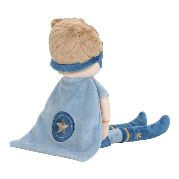 Boneco Super-Herói Jim de 35 cm em poliéster macio, com máscara, capa e estrela dourada, recomendado a partir dos 12 meses.