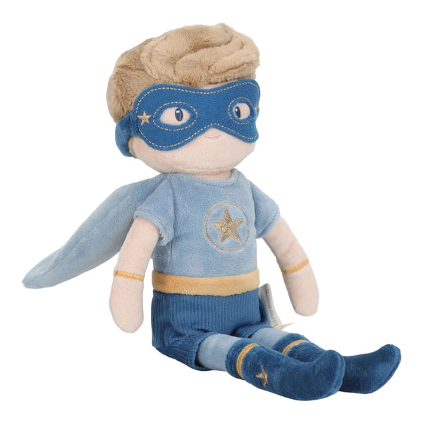 Boneco Super-Herói Jim de 35 cm em poliéster macio, com máscara, capa e estrela dourada, recomendado a partir dos 12 meses.
