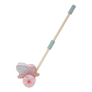 Borboleta de empurrar Fairy Garden em madeira FSC com asas móveis e rodas de borracha para incentivar os primeiros passos e a motricidade.