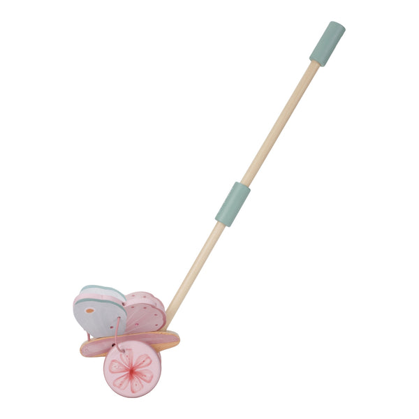 Borboleta de empurrar Fairy Garden em madeira FSC com asas móveis e rodas de borracha para incentivar os primeiros passos e a motricidade.