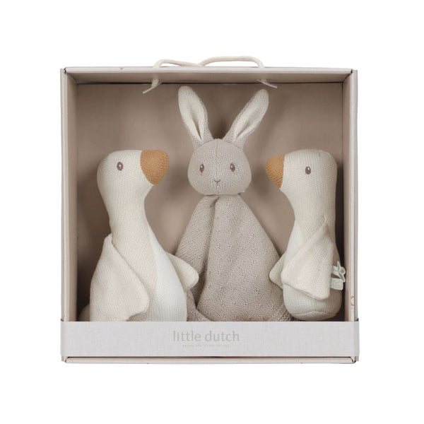 Caixa presente em malha da little dutch com um pato grande, um pato pequeno e um doudou