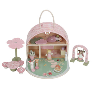 Casa das Fadas Little Dutch em madeira com flores decorativas, figuras de fadas e guarda-sol, brinquedo infantil para brincadeiras criativas e imaginativas.