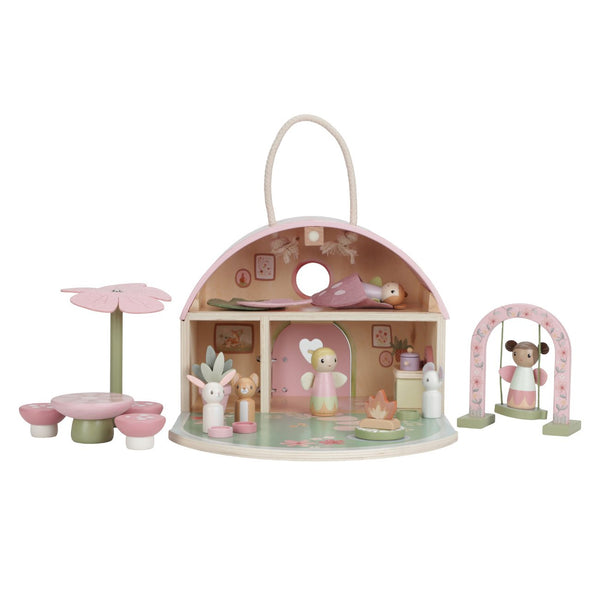 Casa das Fadas Little Dutch em madeira com flores decorativas, figuras de fadas e guarda-sol, brinquedo infantil para brincadeiras criativas e imaginativas.