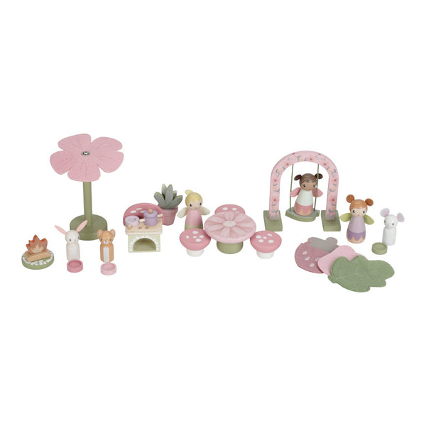 Casa das Fadas Little Dutch em madeira com flores decorativas, figuras de fadas e guarda-sol, brinquedo infantil para brincadeiras criativas e imaginativas.
