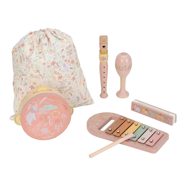 Conjunto Musical Safari Friends com cinco instrumentos infantis e bolsa de arrumação, ideal para desenvolver o ritmo, a criatividade e a coordenação motora das crianças rosa.