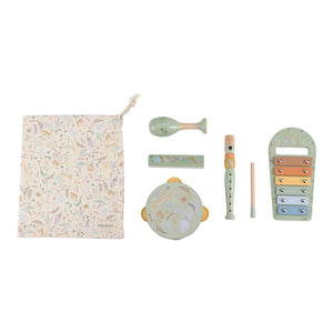 Conjunto Musical Safari Friends com cinco instrumentos infantis e bolsa de arrumação, ideal para desenvolver o ritmo, a criatividade e a coordenação motora das crianças verde.