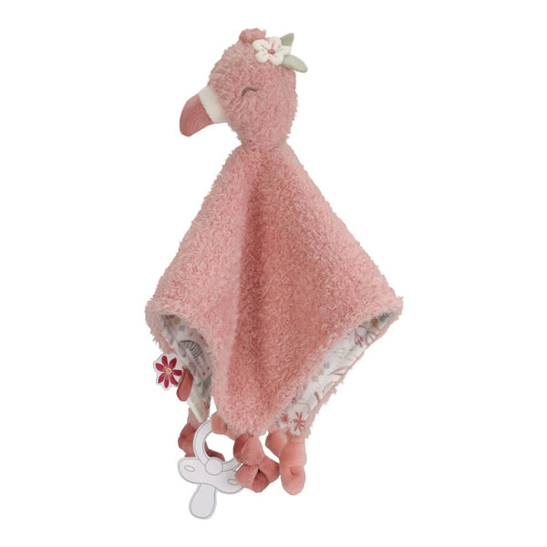 Doudou Flamingo em tecido macio com etiquetas sensoriais e fita para prender chupeta ou mordedor, ideal para confortar e estimular o bebé desde os primeiros meses.