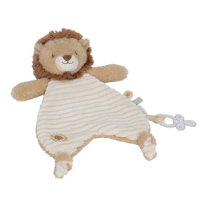 Doudou Leão em tecido macio com etiquetas sensoriais e fita para prender chupeta ou mordedor, ideal para confortar e estimular o bebé desde os primeiros meses.