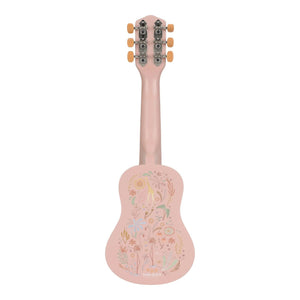 Guitarra infantil em madeira Safari Friends com seis cordas ajustáveis, ideal para estimular a criatividade, coordenação motora e iniciação musical das crianças.