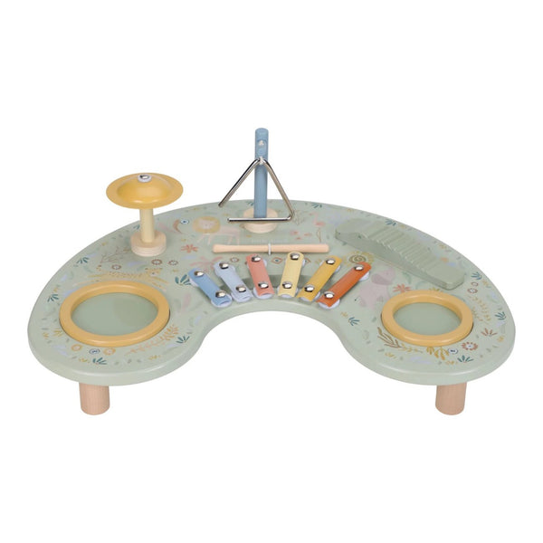 Mesa musical em madeira para bebé com xilofone, tambor, prato e instrumentos musicais, ideal para desenvolver o ritmo, criatividade e coordenação motora desde os 18 meses.