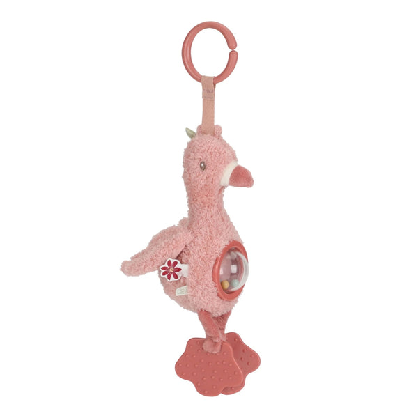 Pendente de atividades Flamingo Safari Friends em poliéster macio com chocalho, asas crepitantes, pernas elásticas e mordedores para bebé.