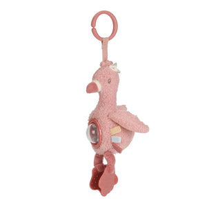Pendente de atividades Flamingo Safari Friends em poliéster macio com chocalho, asas crepitantes, pernas elásticas e mordedores para bebé.